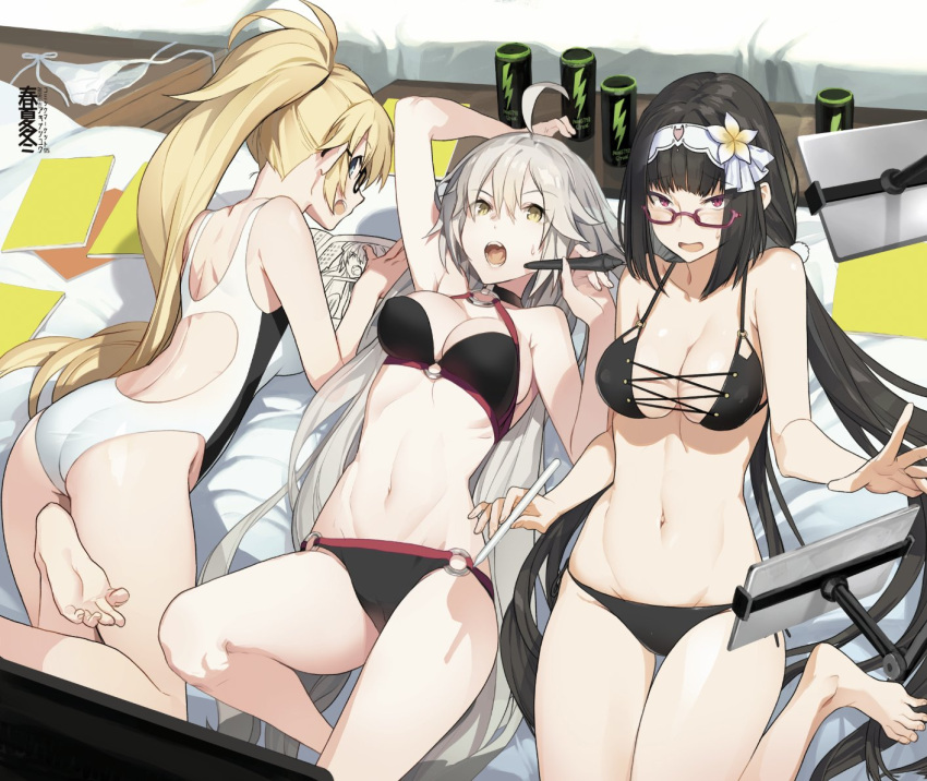 3girls abs ahoge akinashi_yuu arm_up ass bangs barefoot bikini black_bikini black_hair blonde_hair blue_eyes blunt_bangs breasts choker commentary_request competition_swimsuit energy_drink eyebrows_visible_through_hair fate/grand_order fate_(series) flower glasses hair_flower hair_ornament hairband jeanne_d'arc_(alter_swimsuit_berserker) jeanne_d'arc_(fate)_(all) jeanne_d'arc_(swimsuit_archer) long_hair looking_at_viewer low_twintails lying medium_breasts multiple_girls navel o-ring o-ring_bikini o-ring_bottom o-ring_top on_back on_stomach one-piece_swimsuit open_mouth osakabe-hime_(fate/grand_order) pink_eyes pom_pom_(clothes) ponytail profile silver_hair smile stylus sweatdrop swimsuit twintails very_long_hair white_swimsuit yellow_eyes