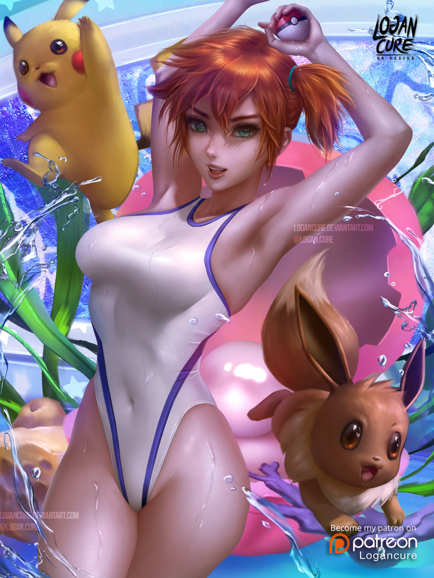 1girl arms_up blue_eyes blush breasts competition_swimsuit covered_navel creatures_(company) eevee game_freak gen_1_pokemon highleg highleg_swimsuit highres kasumi_(pokemon) logan_cure long_hair looking_at_viewer medium_breasts nintendo one-piece_swimsuit orange_hair pikachu pokemon pokemon_(anime) pokemon_(classic_anime) pokemon_(creature) shiny shiny_hair shiny_skin side_ponytail solo standing swimsuit water wet white_swimsuit