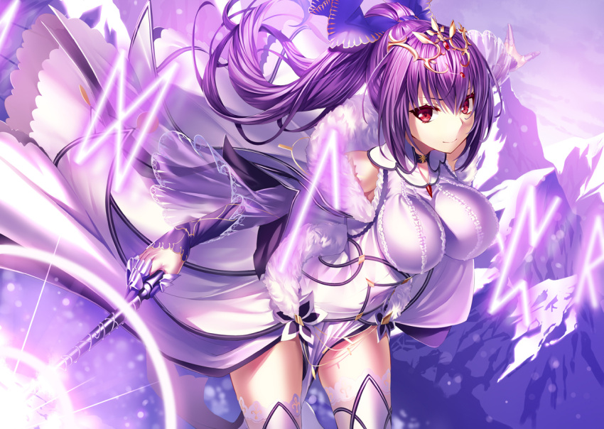 1girl breasts closed_mouth cowboy_shot dress fate/grand_order fate_(series) hair_ribbon heirou holding holding_wand impossible_clothes impossible_shirt large_breasts long_hair looking_at_viewer ponytail purple purple_hair purple_ribbon red_eyes ribbon runes scathach_(fate)_(all) scathach_skadi_(fate/grand_order) shirt smile solo thigh-highs tiara wand white_dress white_legwear zettai_ryouiki