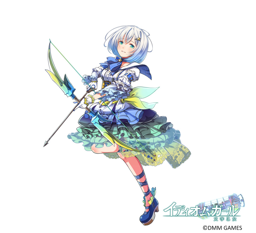 1girl absurdres aqua_eyes arm_belt arrow blue_footwear bow_(weapon) company_name copyright_name dmm dress frills full_body hair_ornament hairclip highres idiom_girl looking_at_viewer mataichi_mataro official_art short_hair simple_background solo standing standing_on_one_leg star star_hair_ornament watermark weapon white_background white_dress white_hair