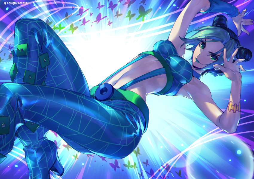 1girl armpits blue_lipstick boots bug butterfly crop_top double_bun eyebrows_visible_through_hair gradient gradient_background hair_bun high_heel_boots high_heels highres insect jojo_no_kimyou_na_bouken kotatsu_(g-rough) kuujou_jolyne lipstick makeup multicolored_hair navel solo spider_web_print stomach stone_ocean suspenders two-tone_hair