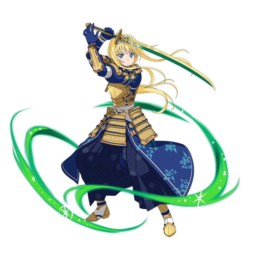 1girl alice_schuberg armor blonde_hair blue_eyes blue_gloves blue_hakama breastplate faulds floating_hair full_body gloves hakama highres holding holding_sword holding_weapon japanese_armor japanese_clothes katana long_hair looking_at_viewer official_art samurai simple_background solo standing sword sword_art_online sword_art_online:_code_register very_long_hair weapon white_background