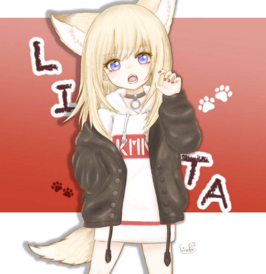 1girl :o animal_ears black_jacket blonde_hair blue_eyes character_name claw_pose dog_ears dog_tail gradient gradient_background hand_in_pocket highres hood hoodie jacket kmnz long_hair long_sleeves mc_lita no_pants open_clothes open_jacket paw_background red_background shizu_(huuhime0531) signature simple_background tail virtual_youtuber white_background white_hoodie