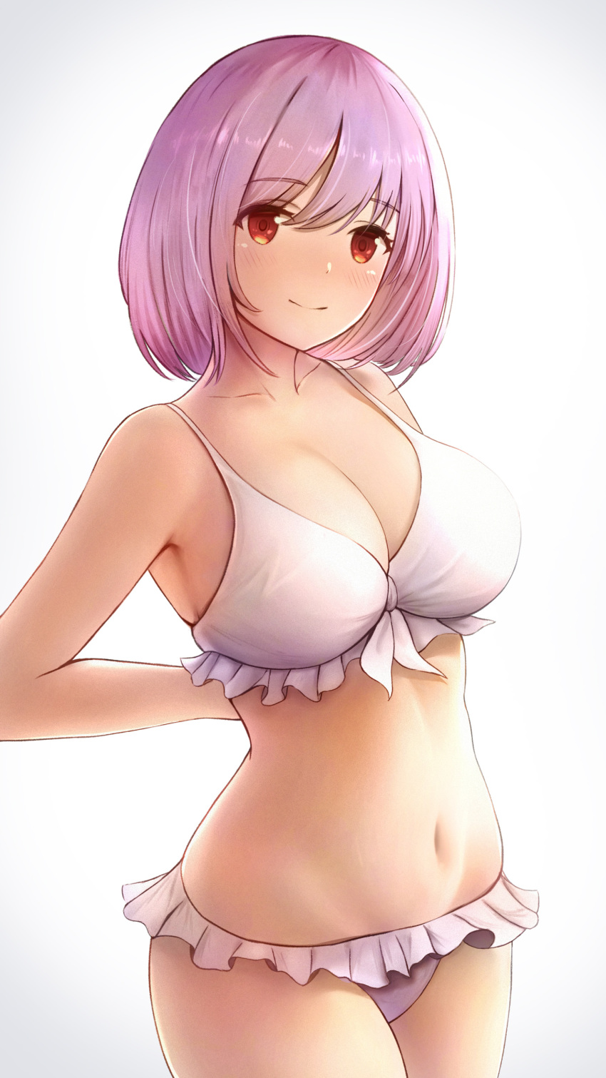 1girl absurdres arms_behind_back bangs bare_shoulders bikini blush breasts cleavage closed_mouth collarbone curvy eyebrows_visible_through_hair fou_zi frilled_bikini frills highres large_breasts legs_together looking_at_viewer navel orange_eyes pink_hair revision shinjou_akane short_hair simple_background smile ssss.gridman standing swimsuit white_background white_bikini