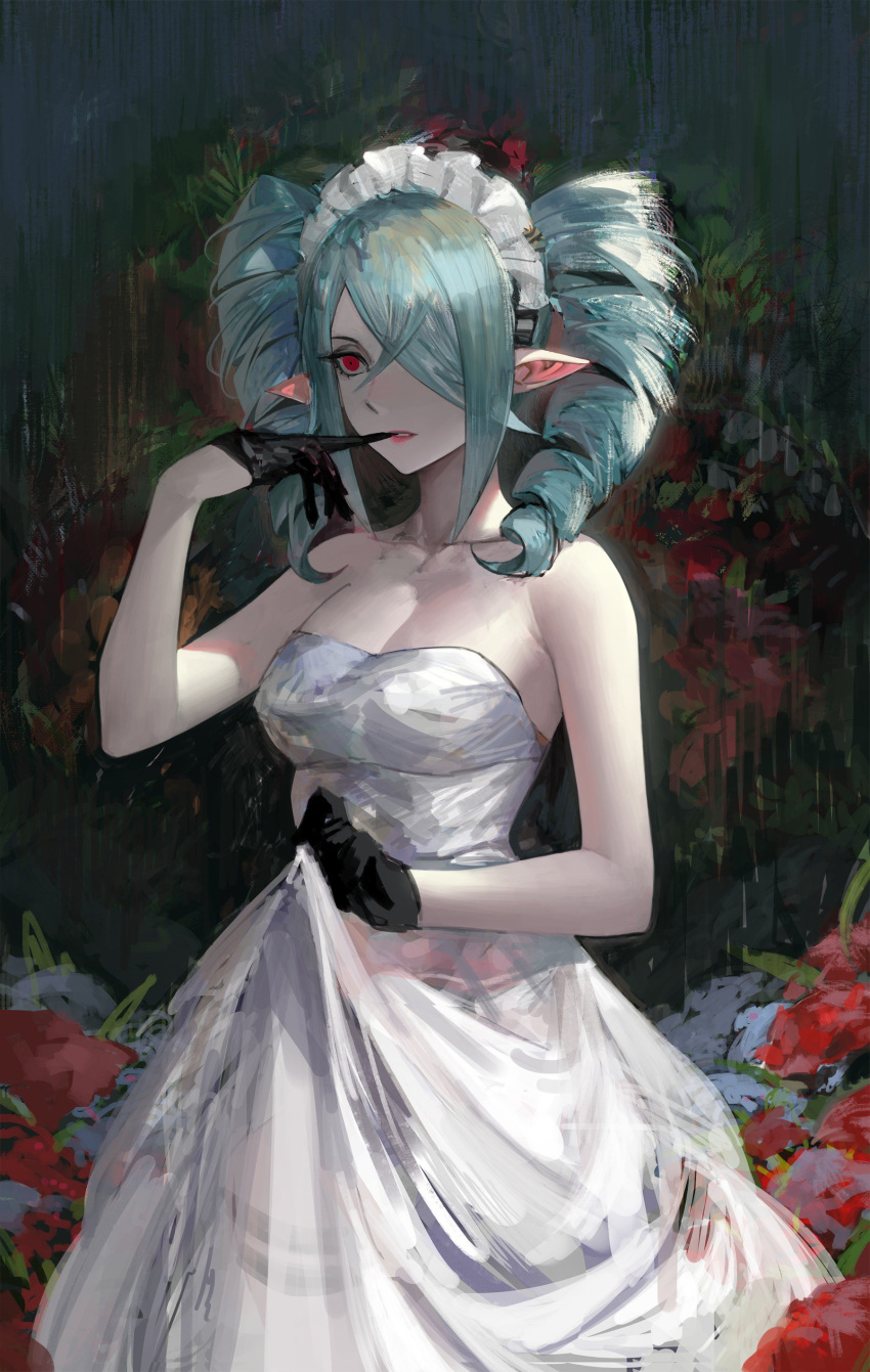 1girl absurdres aqua_hair biting collarbone dress drill_hair flower glove_biting gloves hair_over_one_eye highres ioliteplanet maid_headdress medium_hair original pointy_ears red_eyes sketch solo wedding_dress