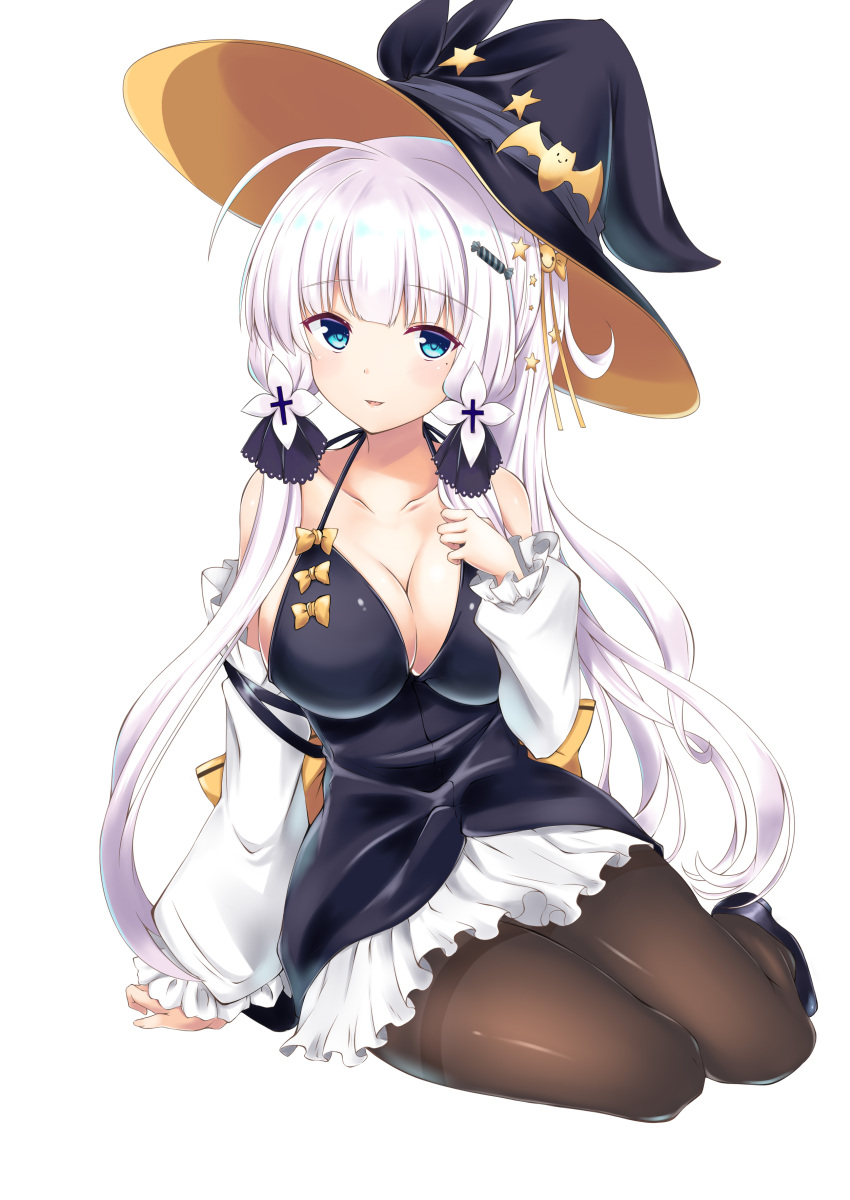 1girl absurdres arm_support azur_lane bangs black_legwear blue_eyes blush breasts cleavage collarbone commentary_request detached_sleeves dress eyebrows_visible_through_hair frilled_dress frilled_sleeves frills hair_ribbon halter_dress hat highres illustrious_(azur_lane) large_breasts long_hair looking_at_viewer mamizu mole mole_under_eye open_mouth pantyhose purple_dress ribbon sidelocks simple_background sitting smile solo thighband_pantyhose white_background white_hair witch_hat yokozuwari
