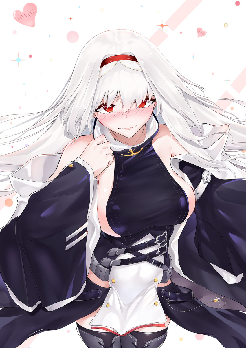 1girl azur_lane bare_shoulders belt blush boots breasts coat colorado_(azur_lane) detached_sleeves dress hairband highres large_breasts long_hair red_eyes sideboob silver_hair sleeveless sleeveless_dress solo thigh-highs white_hair zie_(pannihe)