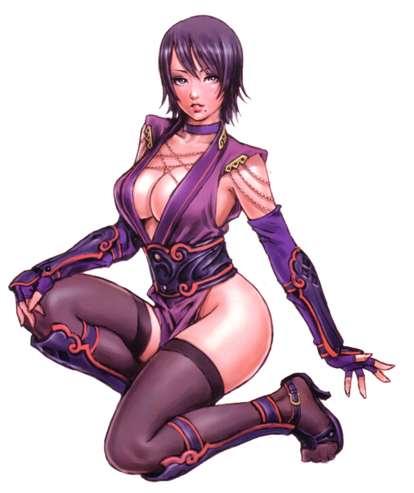1girl black_hair blue_eyes breasts choker cleavage elbow_gloves female fingerless_gloves full_body gloves hand_on_own_knee high_heels highres kunoichi large_breasts looking_at_viewer mole mole_under_mouth mugen_no_fantasia ninja parted_lips shoes short_hair simple_background solo thigh-highs thighhighs white_background wild_flower yamashita_shun'ya yamashita_shunya