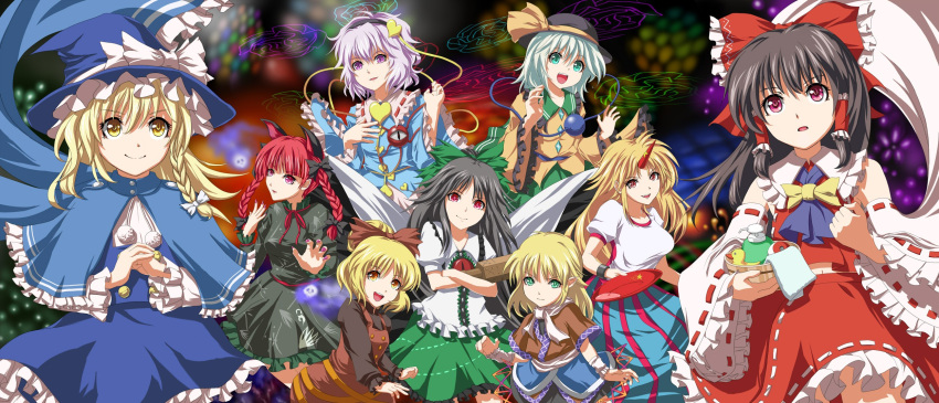 blonde_hair braid capelet cat_ears eye eyes fuji_hyorone ghost green_eyes hakurei_reimu heart highres horn horns hoshiguma_yugi hoshiguma_yuugi kaenbyou_rin kirisame_marisa komeiji_koishi komeiji_satori kurodani_yamame mizuhashi_parsee red_eyes reiuji_utsuho ribbon ribbons rubber_duck sakazuki subterranean_animism touhou twintails