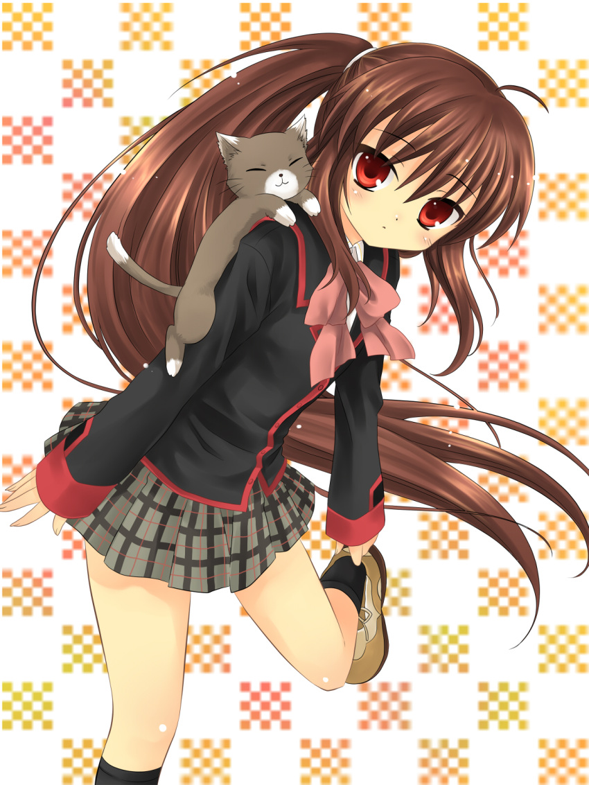cat hanabana_tsubomi highres little_busters! little_busters!! long_hair natsume_rin notenotenote ponytail red_eyes school_uniform very_long_hair