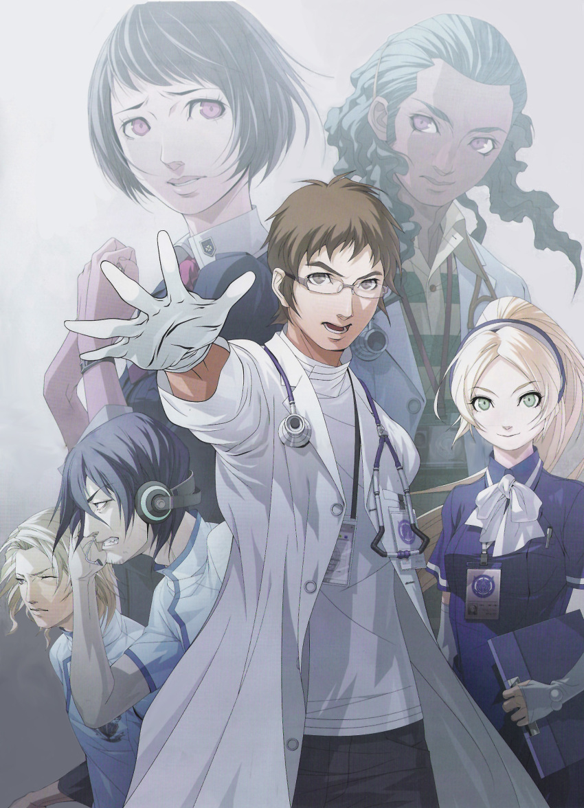 absurdres adel_tulba angie_thompson angry aragaki_shuuya blonde_hair blue_hair brown_eyes brown_hair chou_shittou_caduceus clenched_teeth derek_stiles doctor doi_masayuki elbow_gloves fingerless_gloves glasses gloves green_eyes grey_hair hairband hands headset heather_ross highres labcoat long_hair official_art outstretched_arm outstretched_hand pink_eyes reaching scan short_hair smile stethoscope striped tonegawa_anju trauma_center tsukimori_kousuke tyler_chase victor_niguel wink