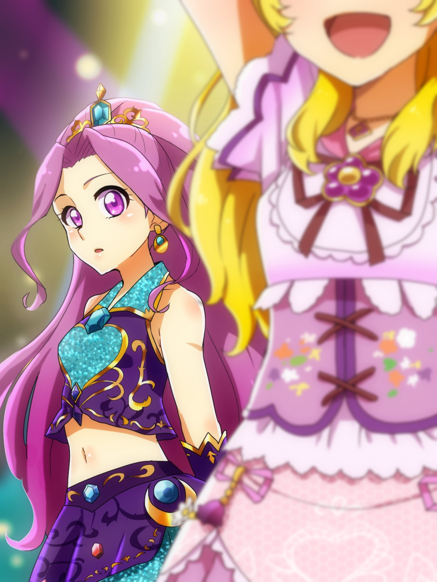 2girls :d aikatsu! aikatsu!_(series) bare_shoulders blonde_hair close-up commentary_request crescent_moon crop_top dress earrings faceless gloves hair_ornament head_out_of_frame heart highres hoshimiya_ichigo idol jewelry kanzaki_mizuki long_hair looking_at_another makeup midriff moon multiple_girls open_mouth purple_hair sidelocks sleeveless smile stage stage_lights tiara uogashi_sorato upper_body violet_eyes waving