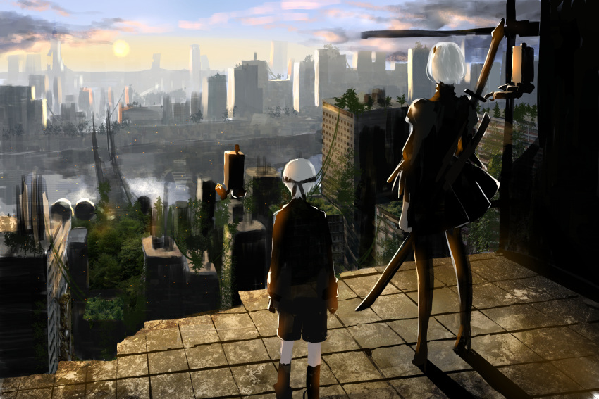 1boy 1girl black_dress black_legwear black_shorts bridge building city cityscape day destruction dress facing_away from_behind highres nier_(series) nier_automata overgrown river ruins scenery shorts skyscraper standing sun sword tsuki-shigure weapon white_hair yorha_no._2_type_b yorha_no._9_type_s