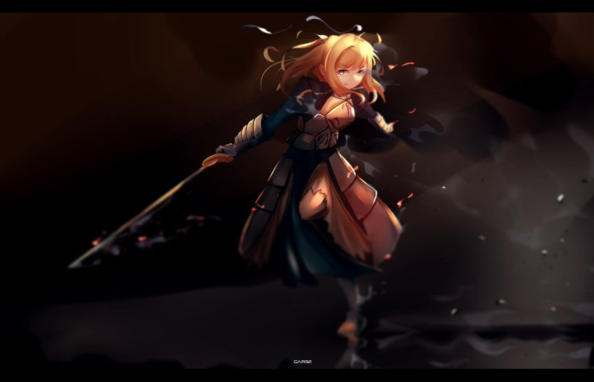1girl absurdres armor artoria_pendragon_(all) blonde_hair blue_eyes blue_ribbon excalibur fate/grand_order fate/stay_night fate_(series) highres letterboxed ribbon saber solo tegar32 weapon