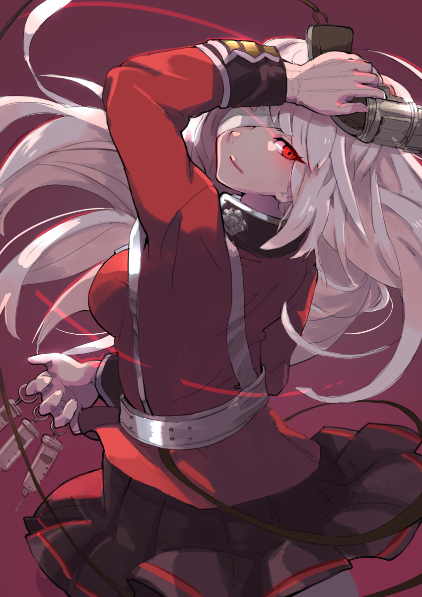 1girl absurdres bandage_over_one_eye fate/grand_order fate_(series) florence_nightingale_(fate/grand_order) gloves gun handgun haowei_wu highres holding holding_gun holding_weapon long_hair pink_hair pistol red_eyes solo syringe weapon white_gloves