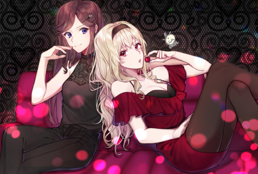 2girls bare_shoulders blonde_hair breasts brown_hair casual cherry cleavage fishnet_pantyhose fishnets food fruit hair_ornament hairband hairclip long_hair looking_at_viewer medium_breasts multiple_girls pantyhose red_eyes saijou_claudine shoujo_kageki_revue_starlight signature sitting small_breasts syna tendou_maya twitter_username violet_eyes