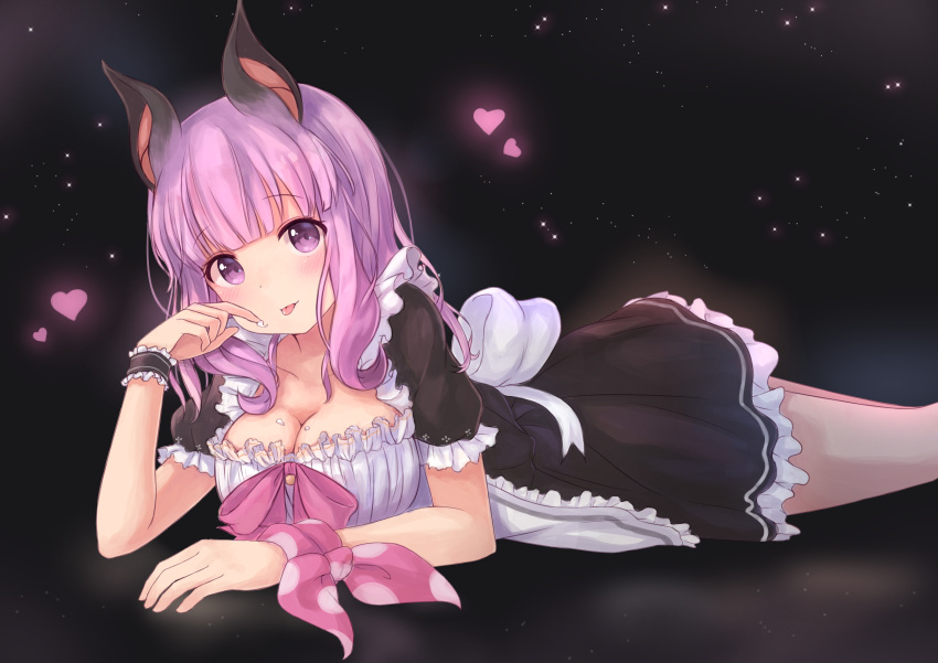1girl :p absurdres animal_ears animare apron bangs black_background black_shirt black_skirt blunt_bangs blush bow bowtie breasts cleavage collarbone commentary_request eyebrows_visible_through_hair frilled_apron frilled_skirt frills heart highres large_breasts light_particles long_hair looking_at_viewer lying maid maid_apron maka_neko miniskirt on_stomach pink_hair pink_neckwear pink_ribbon puffy_short_sleeves puffy_sleeves ribbon shirt short_sleeves sidelocks simple_background skirt solo thighs tongue tongue_out umori_hinako violet_eyes virtual_youtuber white_apron white_bow wrist_cuffs