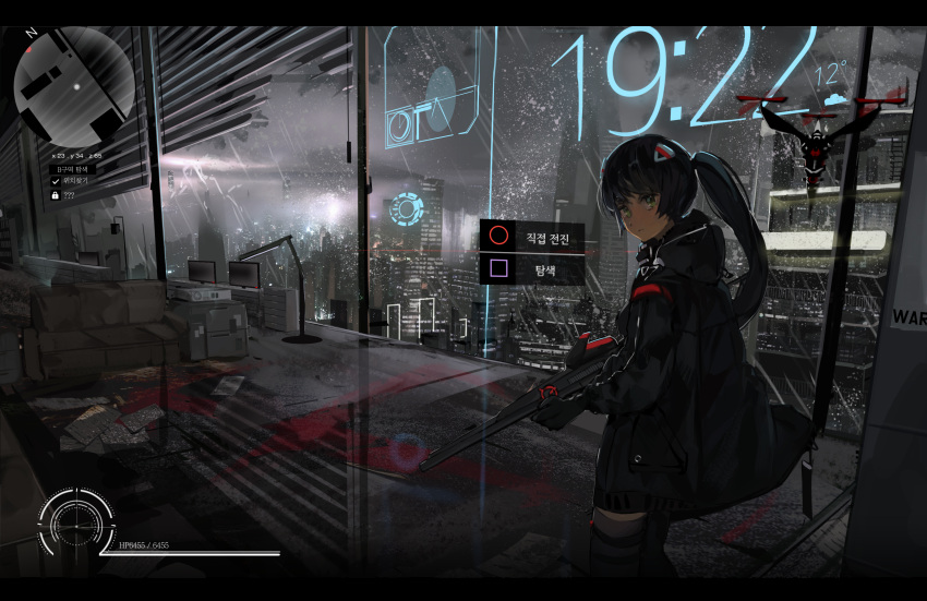 1girl absurdres assault_rifle bangs black_gloves black_hair black_jacket black_legwear blinds breasts building city city_lights cityscape closed_mouth computer cyberpunk from_side glass gloves green_eyes grey_sky gun hair_ornament heads-up_display highres holding holding_gun holding_weapon hood hood_down hooded_jacket jacket letterboxed long_hair long_sleeves looking_at_viewer looking_to_the_side onew original outdoors ponytail rain rifle scenery science_fiction solo standing temperature thigh-highs time weapon