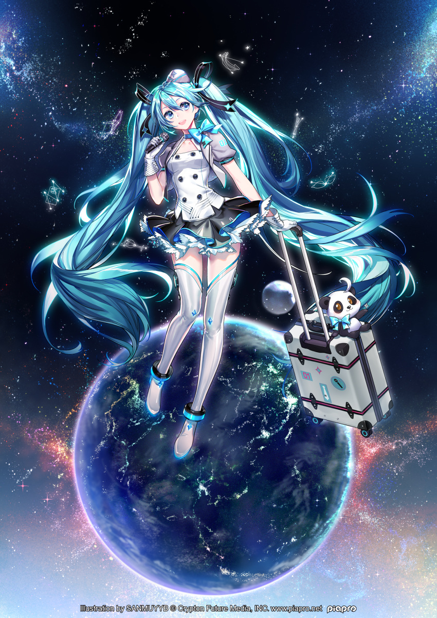 1girl :d ahoge bangs black_ribbon black_skirt blue_bow blue_choker blue_eyes blue_hair boots bow breasts choker collarbone commentary_request constellation cropped_jacket double-breasted gloves grey_jacket hair_between_eyes hair_ribbon hat hatsune_miku highres holding holding_microphone jacket layered_skirt long_hair looking_to_the_side luggage microphone mini_hat miniskirt official_art open_mouth planet ribbon shirt sidelocks skirt small_breasts smile solo space star_(sky) stuffed_animal stuffed_panda stuffed_toy teeth thigh-highs thigh_boots twintails upper_teeth very_long_hair vocaloid watermark white_footwear white_gloves white_hat white_shirt yyb zettai_ryouiki