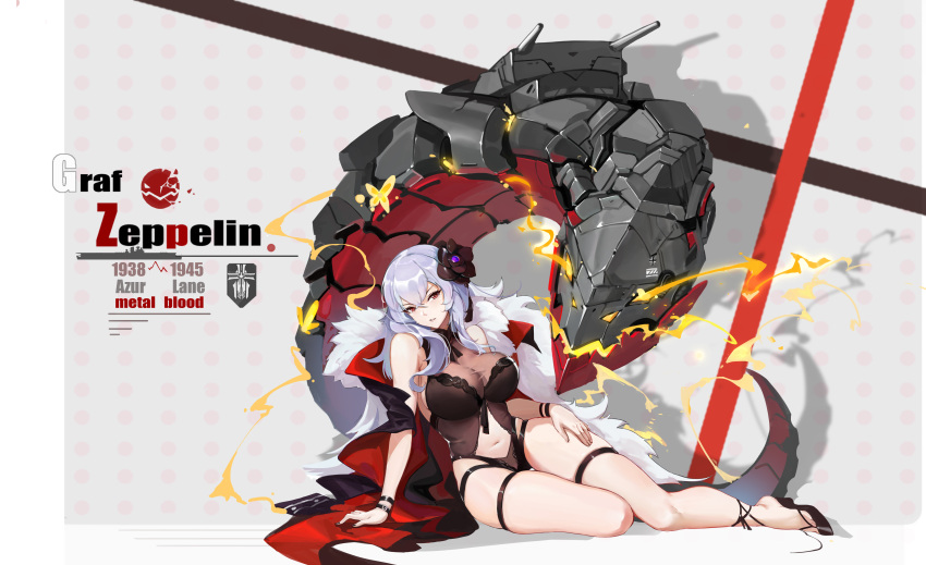 1girl absurdres alternate_costume arm_strap arm_support azur_lane bangs bikini black_flower black_swimsuit breasts cape cleavage cooler cross cross_earrings crossed_bangs day earrings flower full_body graf_zeppelin_(azur_lane) groin guernical hair_between_eyes hair_flower hair_ornament head_tilt highres jewelry large_breasts lightning long_hair looking_at_viewer messy_hair navel navel_cutout one-piece_swimsuit open_mouth outdoors parted_lips red_eyes revealing_clothes rigging see-through shade shiny shiny_skin sidelocks silver_hair sitting skindentation sky solo stomach stud_earrings swimsuit thighs twitter_username wet yokozuwari