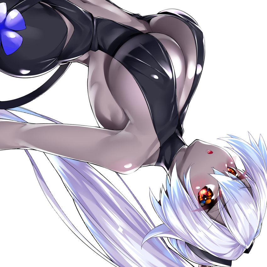 1girl absurdres backless_outfit bare_shoulders black_hairband black_leotard blush breasts center_opening cosplay dark_skin fate/grand_order fate/prototype fate/prototype:_fragments_of_blue_and_silver fate_(series) hairband hassan_of_serenity_(fate) hassan_of_serenity_(fate)_(cosplay) highres large_breasts leotard long_hair looking_at_viewer open_mouth ponytail red_eyes silver_hair simple_background solo tomoe_gozen_(fate/grand_order) upside-down watosu white_background