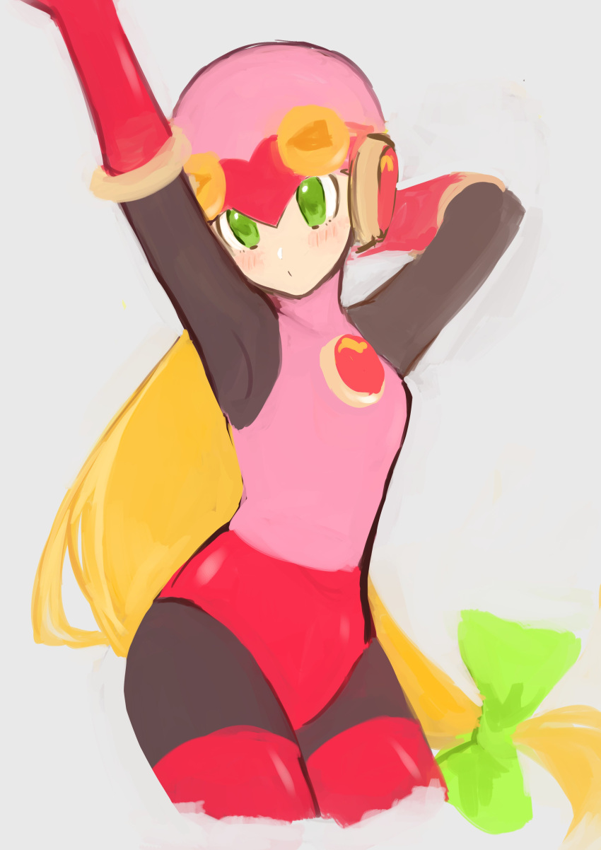 1girl absurdres arm_behind_head arm_up blonde_hair blush bodysuit bow cowboy_shot cropped_legs elbow_gloves gloves green_bow green_eyes hair_bow head_tilt helmet highres leotard long_hair looking_at_viewer low-tied_long_hair netnavi pink_gloves pink_leotard rockman rockman_exe roll_exe shino_hiro22 simple_background solo