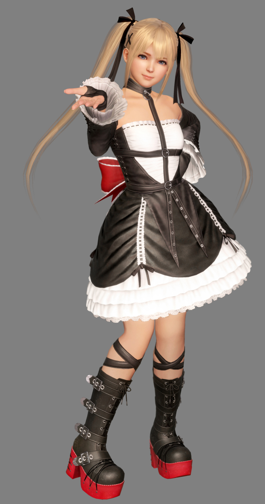 1girl 3d absurdres blonde_hair blue_eyes boots bow breasts dead_or_alive dead_or_alive_6 dress fingernails full_body gloves grey_background hair_bow hand_on_hip highres long_hair looking_at_viewer marie_rose official_art platform_boots small_breasts smile solo twintails