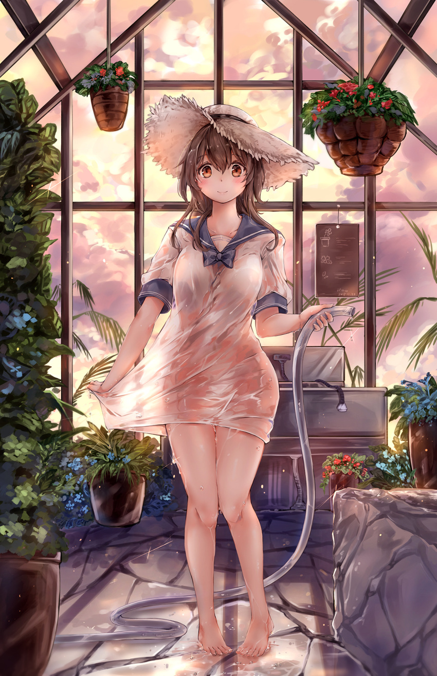 1girl backlighting bangs bare_legs barefoot black_hair blue_flower blue_neckwear blue_sailor_collar blush bow bowtie breasts brown_eyes closed_mouth clouds cloudy_sky collarbone commentary_request dress eyebrows_visible_through_hair flower full_body greenhouse hair_between_eyes hanging_plant hat highres hmw_(pixiv7054584) holding hose indoors long_hair looking_at_viewer orange_sky original plant potted_plant red_flower sailor_collar sailor_dress see-through shirt_tug short_sleeves sidelocks sign sky small_breasts smile solo standing straw_hat twilight water water_drop wet wet_clothes window