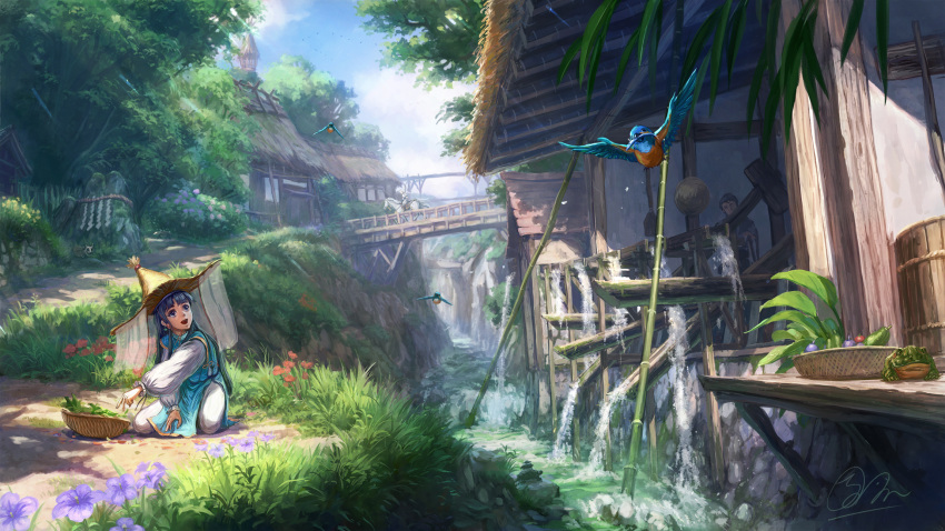 1boy 2girls animal armor bangs basket bird black_eyes blue_hair blue_sky bridge building clouds commentary_request day fish flower grass hat headwear_request highres horse house kneeling leaf long_hair long_sleeves multiple_girls original outdoors path pipes ponytail purple_flower red_flower river road rope saddle scenery shiki_makoto signature sky sunlight tabard tree tree_shade water white_hair