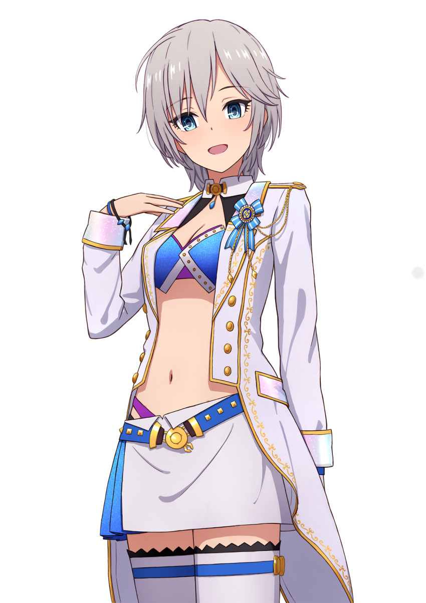 1girl anastasia_(idolmaster) arm_behind_back arm_up belt blue_eyes blue_ribbon blue_wristband bracelet breasts cleavage cleavage_cutout coat crop_top eyebrows_visible_through_hair grey_hair hair_between_eyes highres idolmaster idolmaster_cinderella_girls jewelry looking_at_viewer navel open_clothes open_coat open_mouth ribbon short_hair simple_background skirt small_breasts solo thigh-highs white_background white_coat white_skirt yahiro_(epicopeiidae)