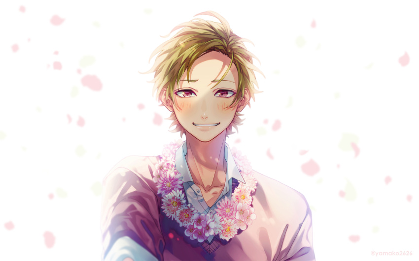 1boy blonde_hair blush flower flower_necklace highres honeyworks jewelry kokuhaku_jikkou_iinkai looking_at_viewer male_focus necklace petals pink_eyes smile upper_body white_background yamako_(state_of_children)