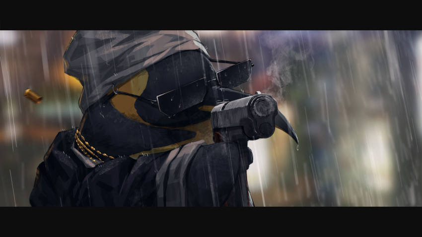 arknights bandanna blurry blurry_background coat commentary depth_of_field emperor_penguin english_commentary formal gh_(chen_ghh) gun handgun highres holding holding_gun holding_weapon jewelry letterboxed long_sleeves necklace no_humans pistol rain shell_casing smoke sunglasses weapon