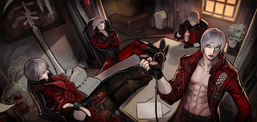 4boys blue_eyes book bottle chair coat crossed_arms dante_(devil_may_cry) devil_may_cry devil_may_cry_2 devil_may_cry_3 devil_may_cry_4 eating feet_on_table fingerless_gloves food fruit gloves gun hallot highres holding ice_cream medium_hair multiple_boys office open_mouth paper phone plant potted_plant reading red_coat spoon strawberry sundae sword table weapon white_hair window