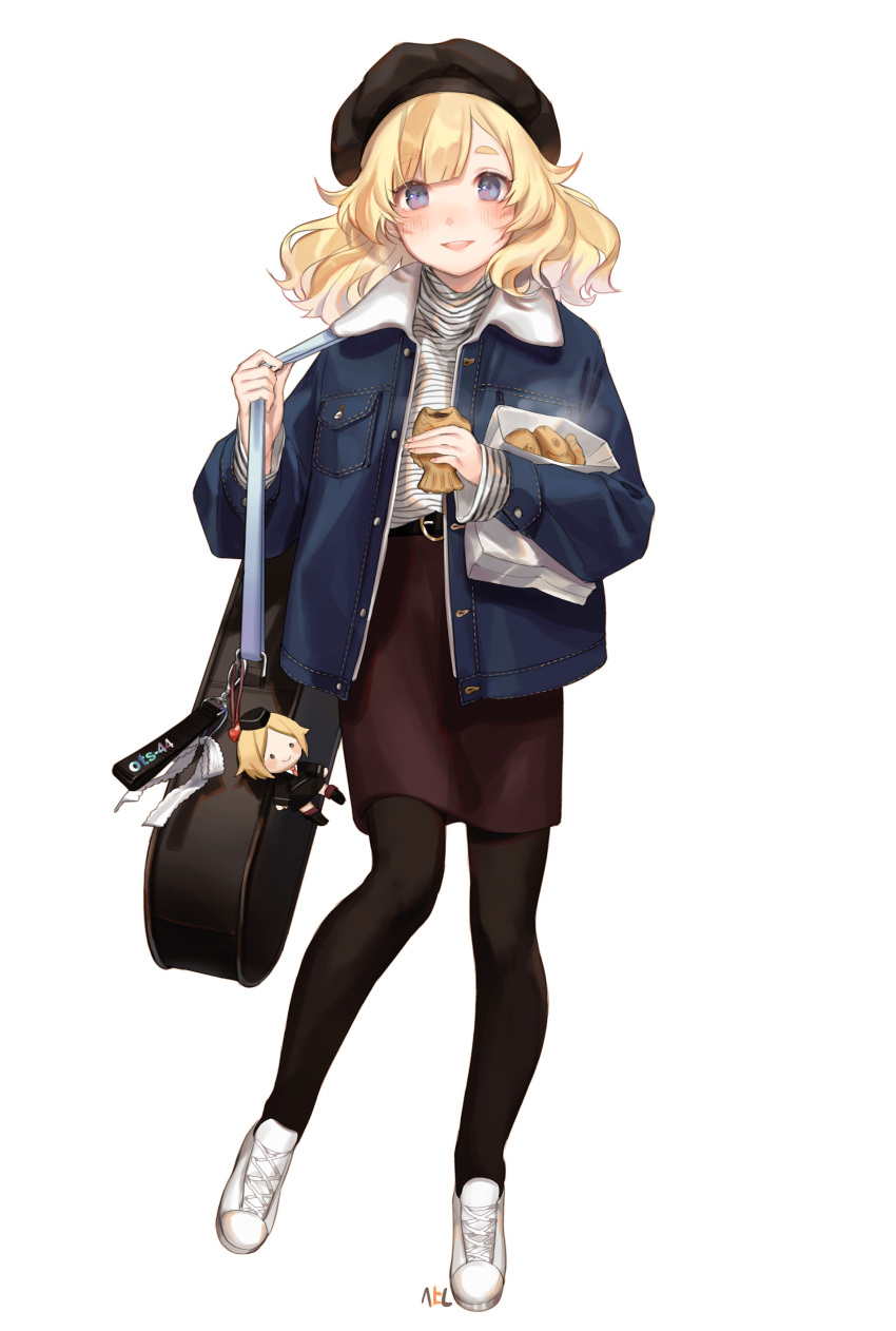 1girl absurdres bag bangs beret black_hat black_legwear black_skirt blonde_hair blue_eyes blue_jacket blush breast_pocket character_doll character_request commentary_request copyright_request denim denim_jacket food full_body hat highres holding holding_food jacket korean_commentary long_sleeves looking_at_viewer open_clothes open_jacket open_mouth pantyhose pocket shan shirt shoes skirt smile sneakers solo striped striped_shirt thick_eyebrows white_footwear white_shirt