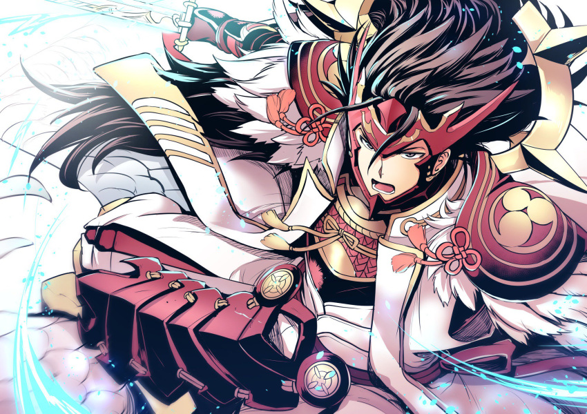 1boy armor brown_eyes brown_hair fire_emblem fire_emblem_if helm helmet highres holding holding_sword holding_weapon horned_helmet japanese_armor katana long_hair nakabayashi_zun nintendo ryouma_(fire_emblem_if) solo spiky_hair sword weapon