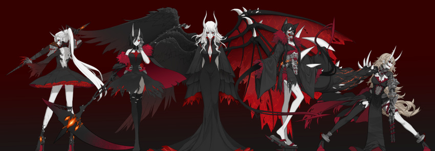 5girls angel_wings animal_ears asymmetrical_wings black_sclera blake_belladonna breasts cat_ears cleavage corruption crescent_rose demon_wings dishwasher1910 double_barrels face_mask grimm gun highres horns japanese_clothes kimono mask multiple_girls myrtenaster pale_skin red_background red_eyes ruby_rose rwby salem_(rwby) scythe shotgun sword tentacle weapon weiss_schnee what_if wings yang_xiao_long