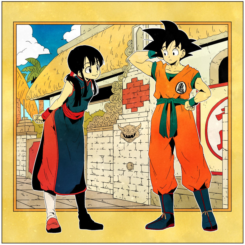 1boy 1girl arena arms_behind_back bangs black_eyes black_hair blue_sky boots building chi-chi_(dragon_ball) chinese_clothes clouds cloudy_sky commentary_request day dougi dragon_ball dragon_ball_(classic) expressionless eyelashes fingernails frame full_body hand_in_hair hand_on_hip happy highres leaning_forward looking_at_another outdoors outside_border ponytail short_hair simple_background sky smile son_gokuu spiky_hair standing wall wristband yellow_background