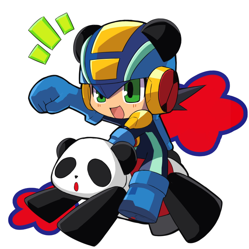 1boy absurdres animal_ears black_hair blue_gloves blush chibi clenched_hand gloves green_eyes helmet highres male_focus netnavi open_mouth panda riding rockman rockman_exe rockman_exe_(character) shino_hiro22 simple_background smile white_background