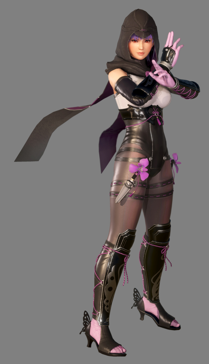 1girl 3d absurdres arm_guards armor ayane ayane_(doa) bodysuit dead_or_alive dead_or_alive_6 elbow_gloves fighting_stance full_body gloves grey_background high_heels highres hood kunai lips looking_at_viewer ninja official_art purple_hair red_eyes solo weapon