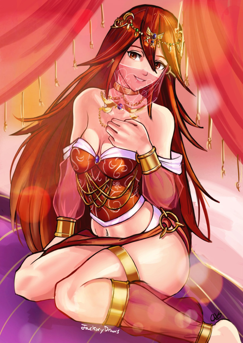 1girl alternate_costume artist_name breasts catslikestodraw choker cleavage covered_mouth fire_emblem fire_emblem:_kakusei fire_emblem_heroes hair_ornament highres long_hair navel nintendo parted_lips red_eyes redhead see-through sitting small_breasts solo cordelia_(fire_emblem) veil