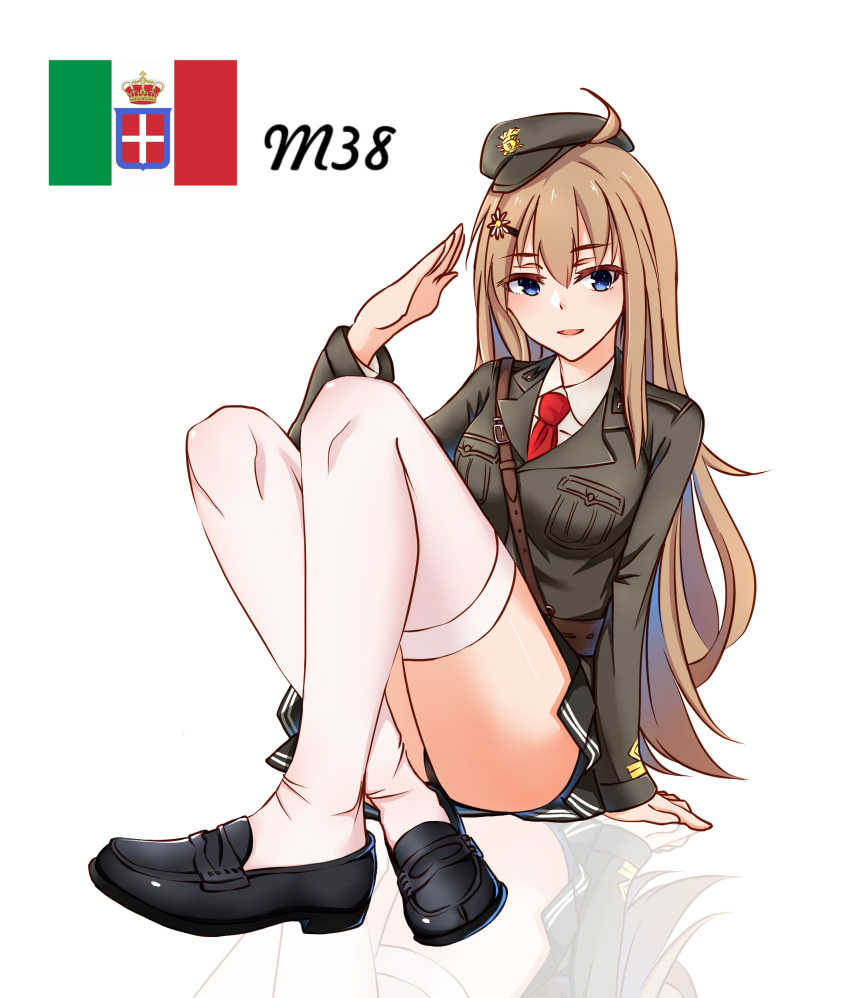 absurdres ahoge beretta_model_38_(girls_frontline) black_footwear blue_eyes breast_pocket breasts brown_hair buckle character_name commentary_request crossed_ankles eyebrows_visible_through_hair eyes_visible_through_hair girls_frontline haidong hair_ornament hairclip hat highres italian italian_flag jacket knees_up loafers long_hair long_sleeves looking_at_viewer military military_hat military_uniform necktie open_mouth pleated_skirt pocket red_neckwear reflection salute shirt shoes sitting skirt strap thigh-highs thighs uniform white_legwear white_shirt