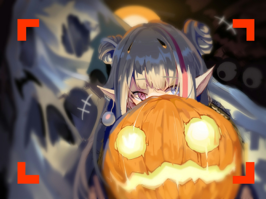 1girl alternate_costume bangs black_gloves blue_eyes covering_face earrings eyebrows_visible_through_hair ghost girls_frontline gloves glowing glowing_eyes grey_hair halloween halloween_costume heterochromia hiding jewelry long_hair looking_at_viewer mdr_(girls_frontline) multicolored_hair phone_screen pink_eyes pink_hair pointy_ears pumpkin sidelocks solo streaked_hair stz-xp two-tone_hair