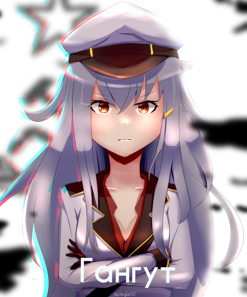 1girl absurdres black_gloves blurry breasts cleavage crossed_arms depth_of_field gangut_(kantai_collection) gloves hair_between_eyes hammer_and_sickle hat highres kantai_collection long_hair navel orange_eyes russian silver_hair solo tegar32 upper_body very_long_hair