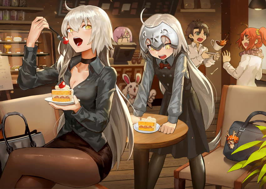 1boy 4girls ahoge angry bag black_hair black_legwear black_shirt bow brown_eyes cake cash_register casual choker commentary covering_mouth cup danann dress eating fate/grand_order fate_(series) food fork fruit fujimaru_ritsuka_(female) fujimaru_ritsuka_(male) glasses hand_over_own_mouth handbag headpiece jeanne_d'arc_(alter)_(fate) jeanne_d'arc_(fate)_(all) jeanne_d'arc_alter_santa_lily lavender_hair long_hair mash_kyrielight multiple_girls one_eye_closed open_mouth pantyhose pencil_skirt redhead riyo_(lyomsnpmp)_(style) scarf scrunchie shirt side_ponytail silver_hair skirt strawberry surprised unbuttoned unbuttoned_shirt very_long_hair violet_eyes white_shirt younger