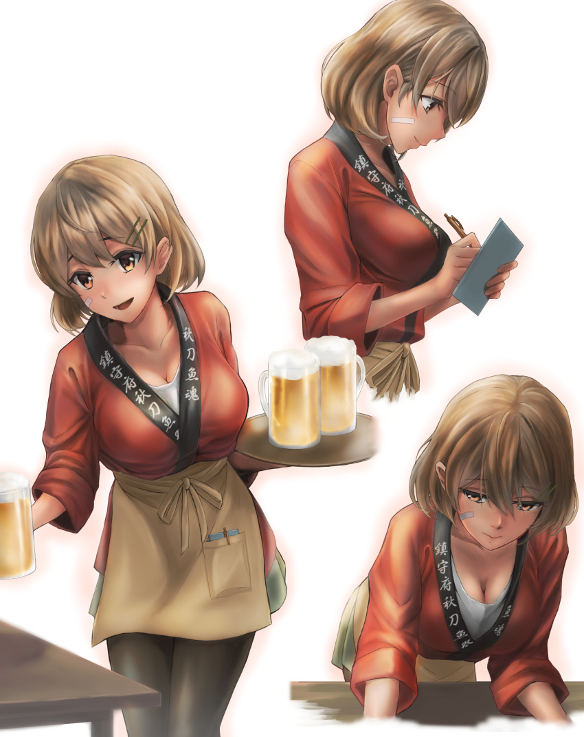 1girl absurdres alcohol alternate_costume beer blush breasts brown_eyes brown_hair closed_mouth hair_between_eyes hair_ornament hairclip highres japanese_clothes kantai_collection kimono kokuzoo large_breasts looking_at_viewer oboro_(kantai_collection) pen solo table waiter