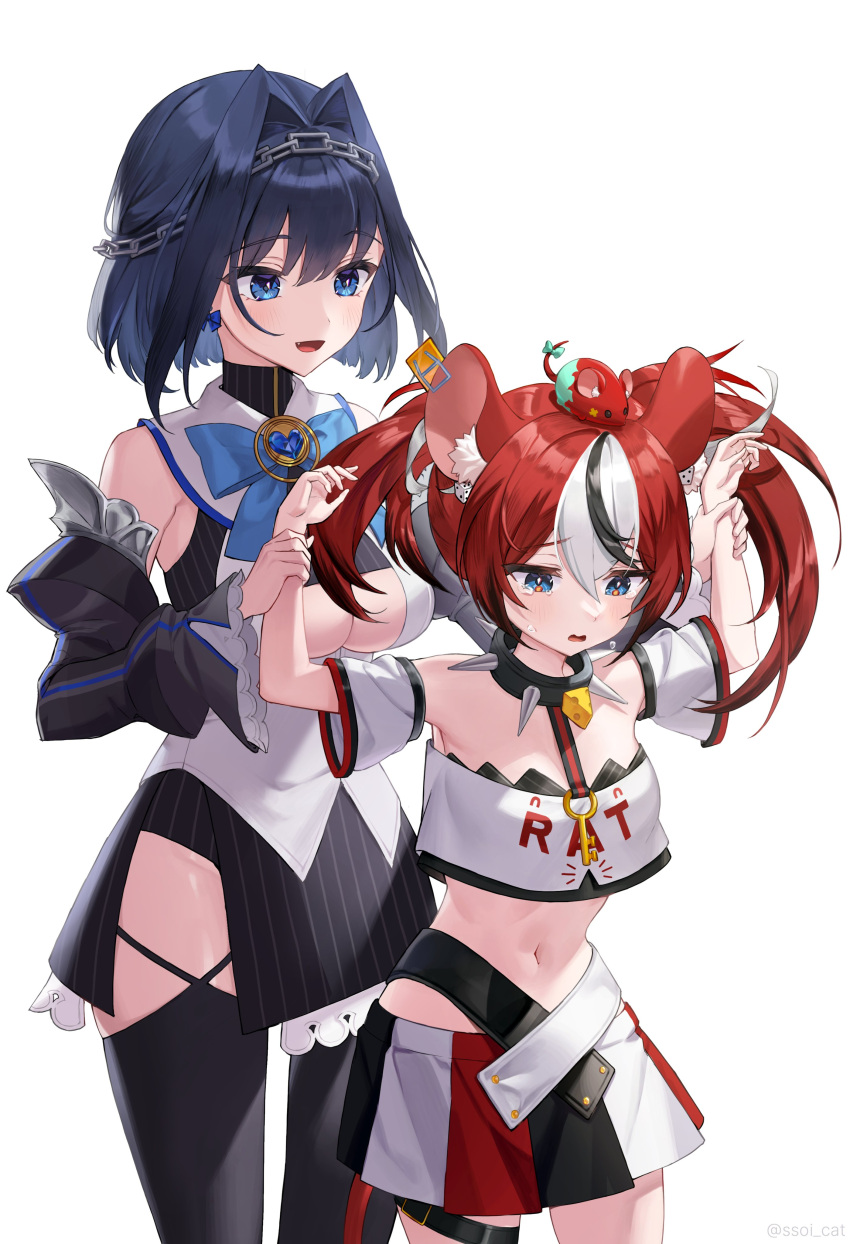 2girls absurdres animal_ears bangs black_gloves black_hair blue_eyes blue_hair bow bow_earrings breasts chain detached_sleeves earrings eyebrows_visible_through_hair gloves hair_intakes hakos_baelz highres hololive hololive_english jewelry large_breasts long_hair mouse_ears mouse_girl mouse_tail mr._squeaks_(hakos_baelz) multicolored_hair multiple_girls ouro_kronii redhead shirt short_hair simple_background skirt spikes ssoi_cat strapless strapless_shirt streaked_hair tail twintails virtual_youtuber white_background white_hair