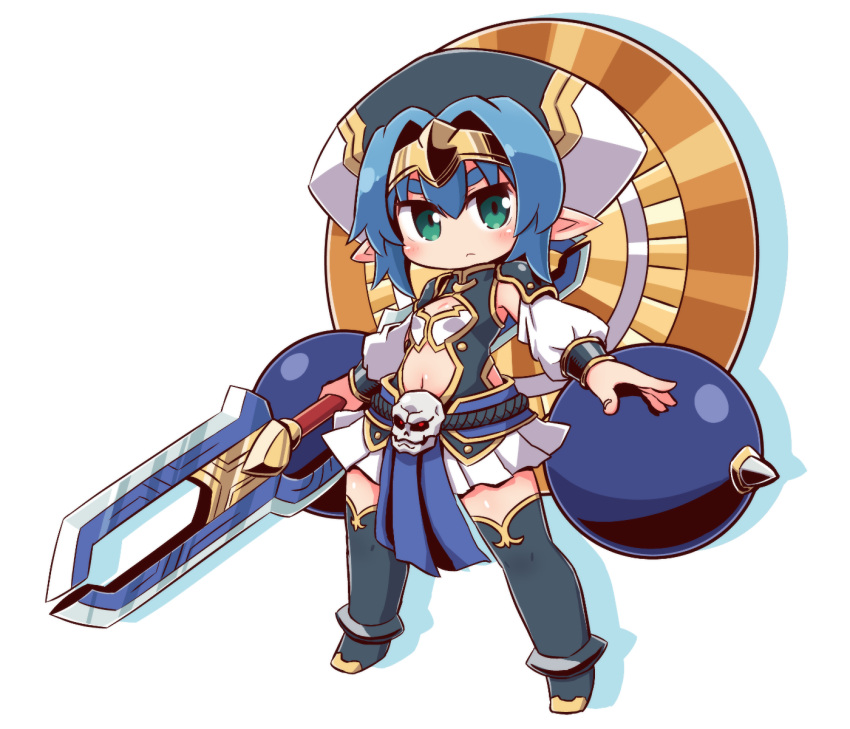1girl bangs black_legwear blue_hair breasts chibi commentary_request full_body glowing glowing_eyes green_eyes hair_between_eyes hat head_tilt hellmatio highres holding long_sleeves looking_at_viewer naga_u navel navel_cutout pauldrons pleated_skirt pointy_ears puffy_long_sleeves puffy_sleeves shadow shinrabanshou short_eyebrows skirt skull small_breasts solo standing thick_eyebrows thigh-highs white_background white_hat white_skirt