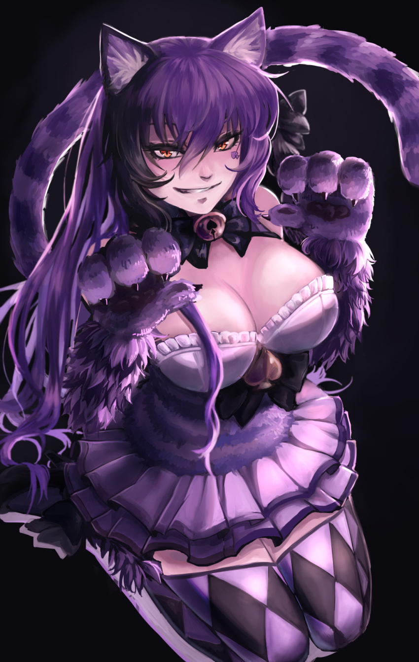1girl animal_ear_fluff animal_ears argyle argyle_legwear bell black_background black_hair bow breasts cat_ears cat_paws cat_tail cheshire_cat_(monster_girl_encyclopedia) claws commentary english_commentary facial_mark fur hair_between_eyes hair_bow hands_up highres jingle_bell large_breasts long_hair looking_at_viewer monster_girl monster_girl_encyclopedia multicolored_hair orange_eyes paw_pose paws pleated_skirt purple_fur purple_hair simple_background sitting skirt slit_pupils smirk solo striped_tail tail thigh-highs two-tone_hair zakirsiz