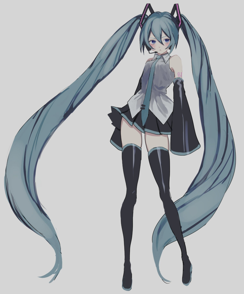 1girl absurdly_long_hair arms_at_sides blue_neckwear blush detached_sleeves expressionless frown full_body grey_background grey_shirt grey_skirt hatsune_miku headset highres long_hair looking_away necktie p2_(uxjzz) shirt simple_background skirt sleeveless sleeveless_shirt solo standing thigh-highs thighs twintails very_long_hair vocaloid