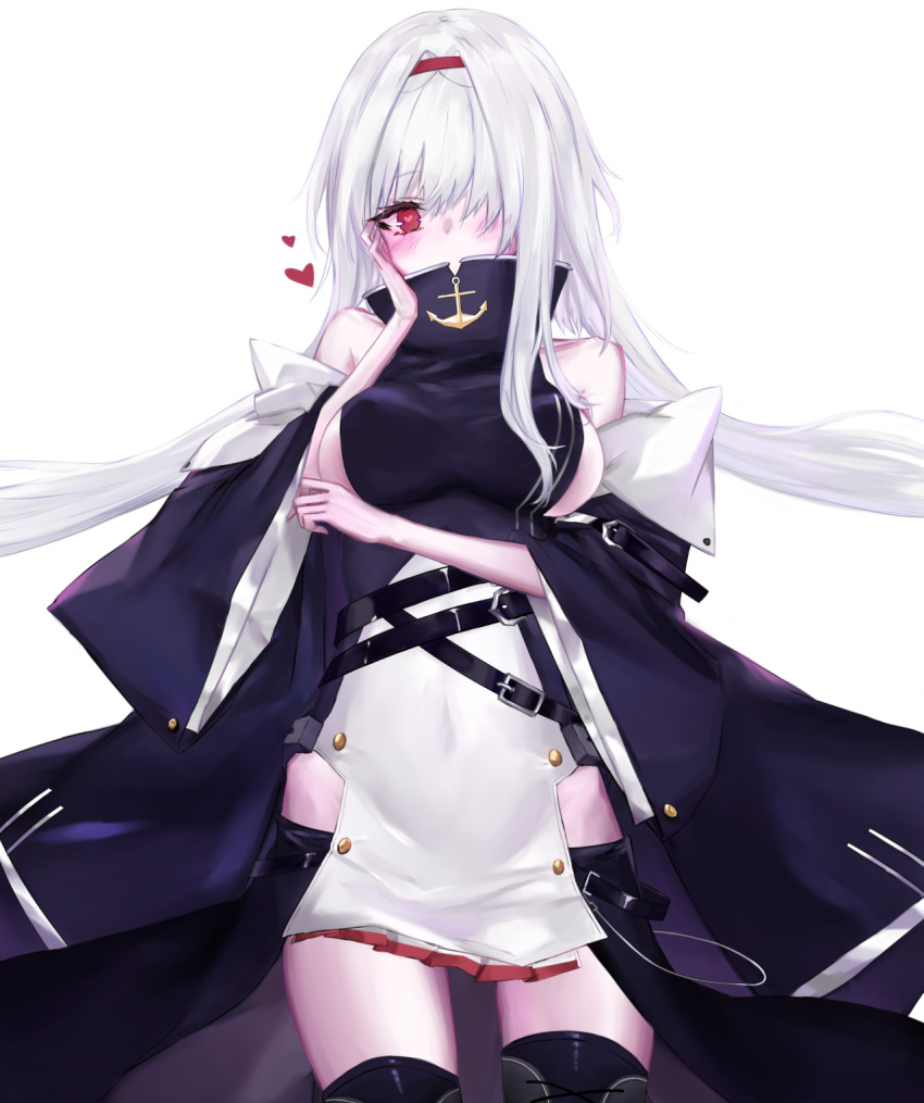 1girl arm_strap azur_lane bangs bare_shoulders belt belt_buckle blush breasts buckle coat colorado_(azur_lane) detached_sleeves dress eyebrows_visible_through_hair hair_over_one_eye hairband hand_on_own_cheek hands_up heart heart-shaped_pupils highres large_breasts long_hair looking_at_viewer multiple_straps red_eyes red_hairband riru_(pixiv_9918114) sideboob sidelocks simple_background skirt sleeveless sleeveless_dress solo symbol-shaped_pupils thigh-highs white_background white_hair zettai_ryouiki